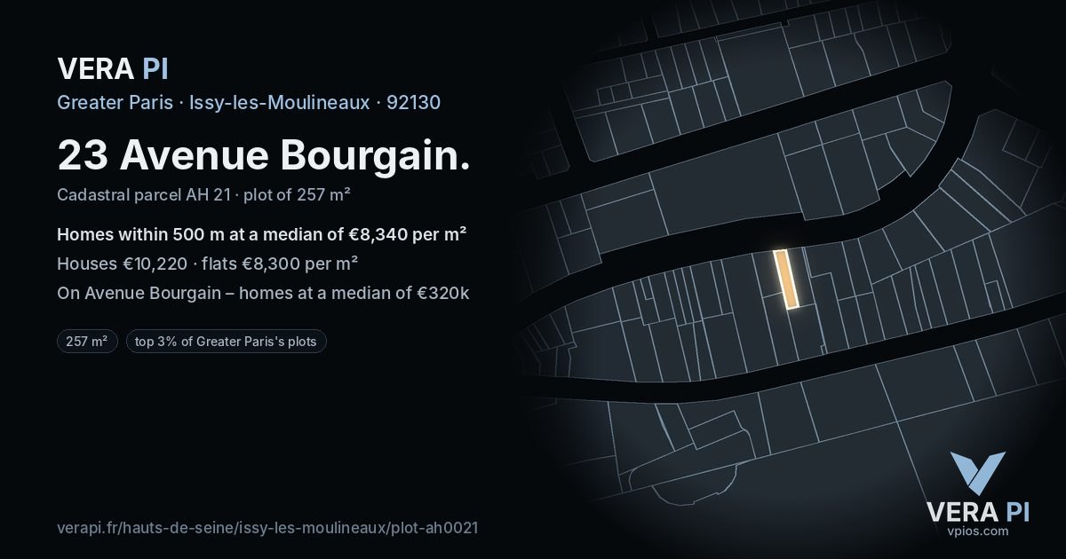 23 Avenue Bourgain, Issy-les-Moulineaux at night – the plot lit, the parcels around coloured by the prices near them