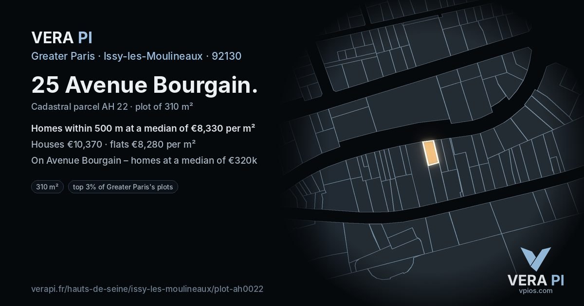 25 Avenue Bourgain, Issy-les-Moulineaux at night – the plot lit, the parcels around coloured by the prices near them