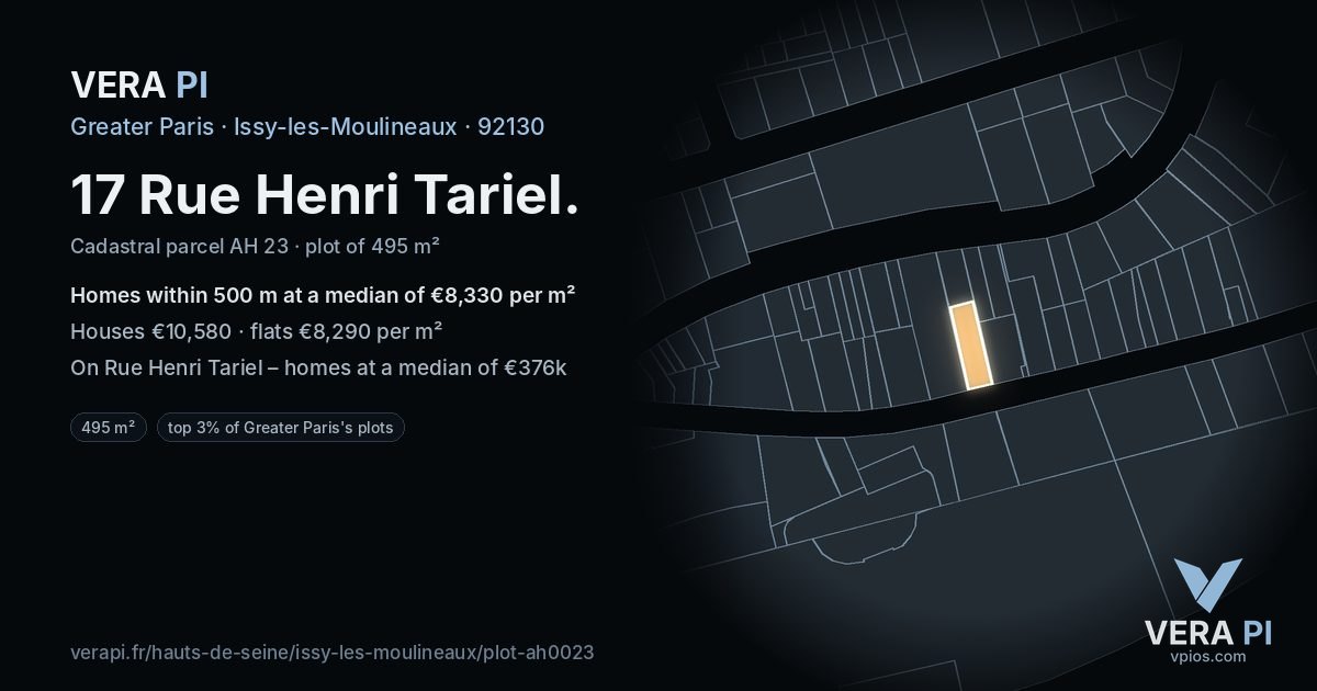 17 Rue Henri Tariel, Issy-les-Moulineaux at night – the plot lit, the parcels around coloured by the prices near them
