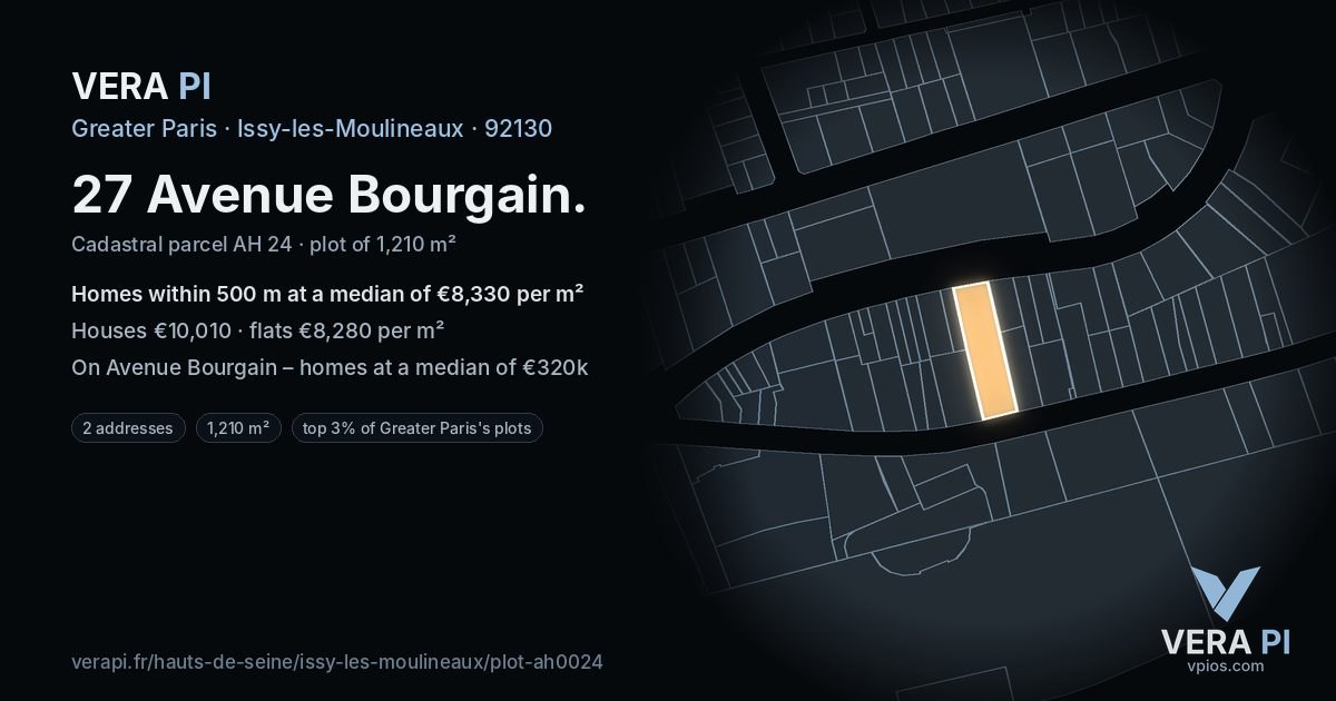 27 Avenue Bourgain, Issy-les-Moulineaux at night – the plot lit, the parcels around coloured by the prices near them
