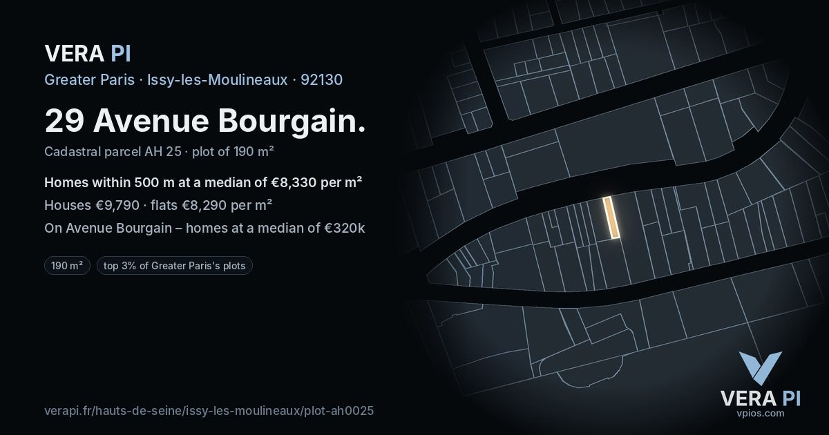 29 Avenue Bourgain, Issy-les-Moulineaux at night – the plot lit, the parcels around coloured by the prices near them