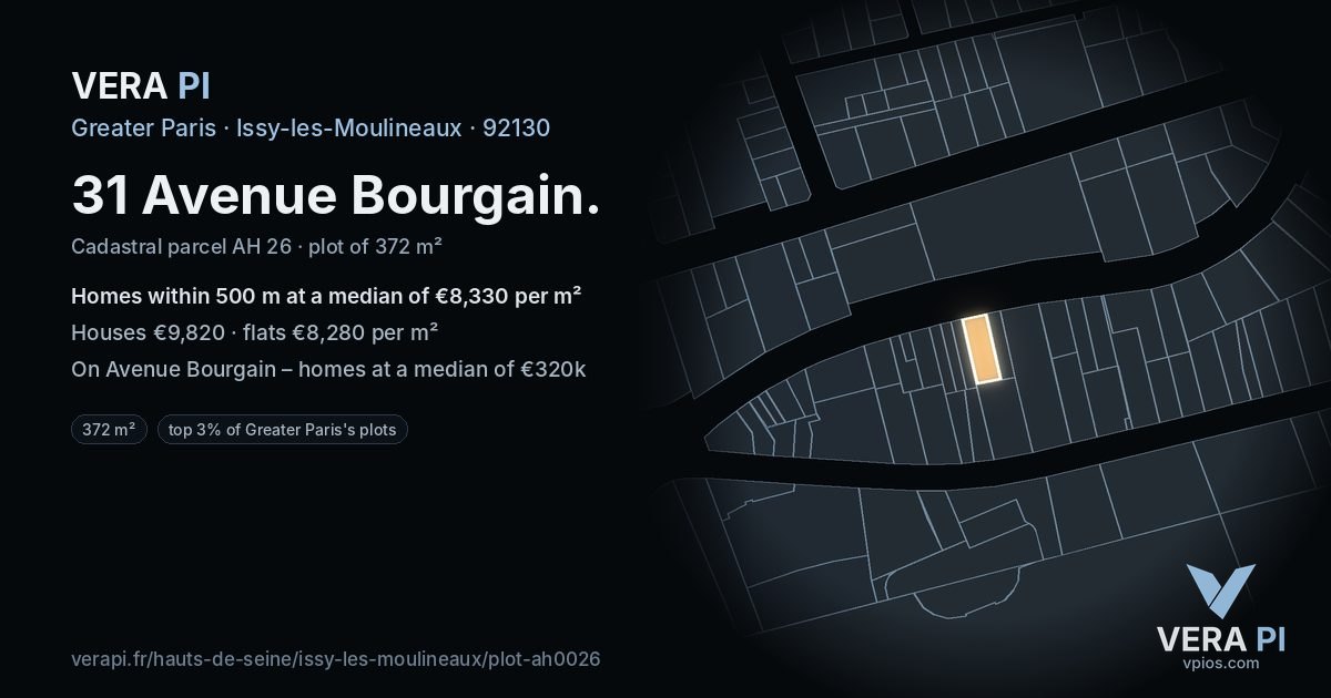 31 Avenue Bourgain, Issy-les-Moulineaux at night – the plot lit, the parcels around coloured by the prices near them