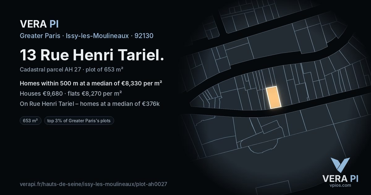 13 Rue Henri Tariel, Issy-les-Moulineaux at night – the plot lit, the parcels around coloured by the prices near them