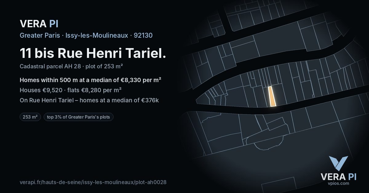 11 bis Rue Henri Tariel, Issy-les-Moulineaux at night – the plot lit, the parcels around coloured by the prices near them