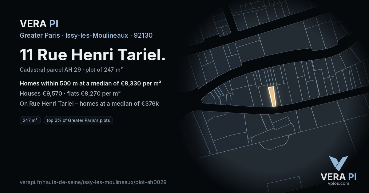 11 Rue Henri Tariel, Issy-les-Moulineaux at night – the plot lit, the parcels around coloured by the prices near them