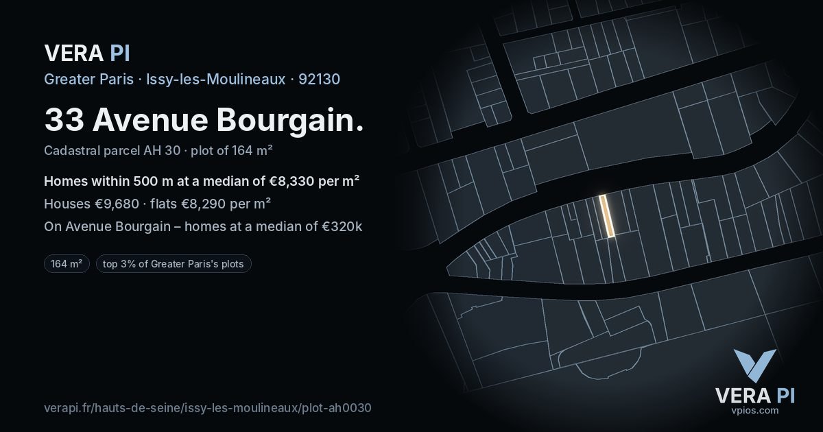33 Avenue Bourgain, Issy-les-Moulineaux at night – the plot lit, the parcels around coloured by the prices near them