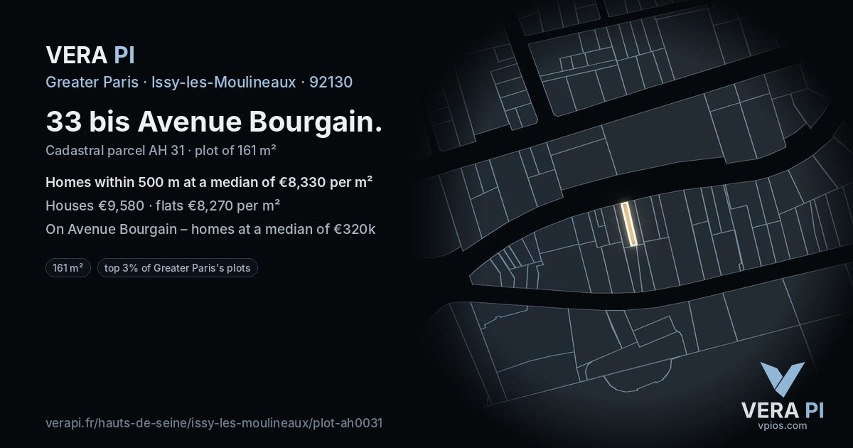 33 bis Avenue Bourgain, Issy-les-Moulineaux at night – the plot lit, the parcels around coloured by the prices near them