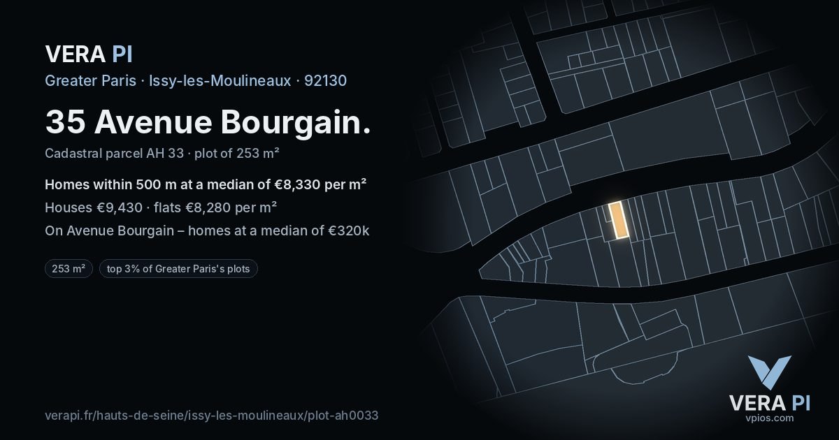 35 Avenue Bourgain, Issy-les-Moulineaux at night – the plot lit, the parcels around coloured by the prices near them