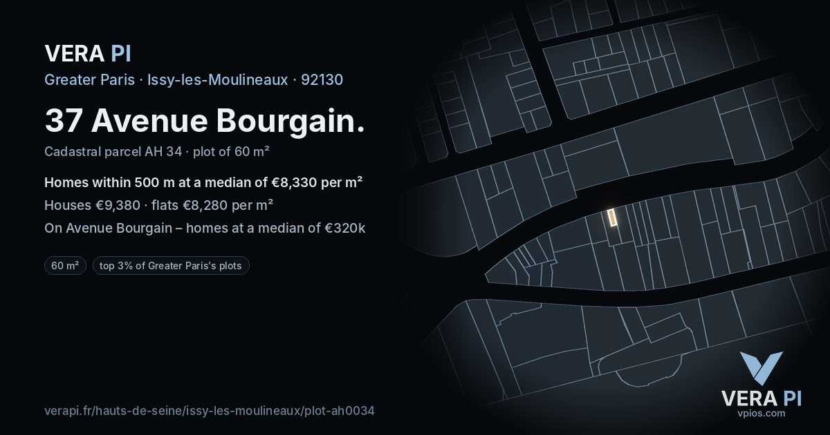 37 Avenue Bourgain, Issy-les-Moulineaux at night – the plot lit, the parcels around coloured by the prices near them