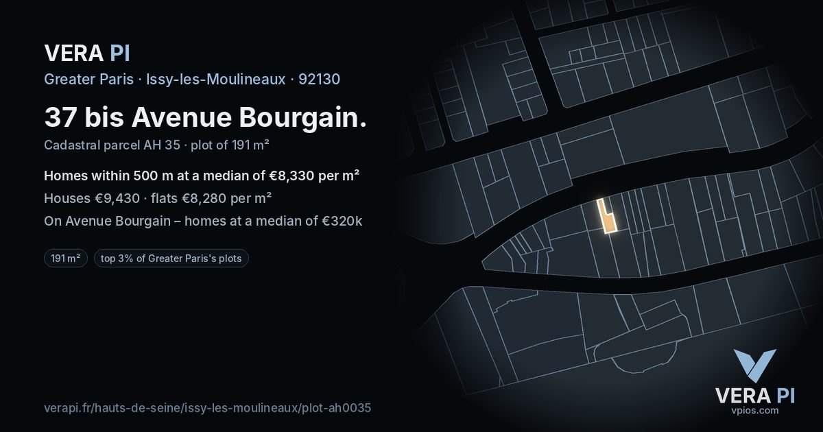 37 bis Avenue Bourgain, Issy-les-Moulineaux at night – the plot lit, the parcels around coloured by the prices near them