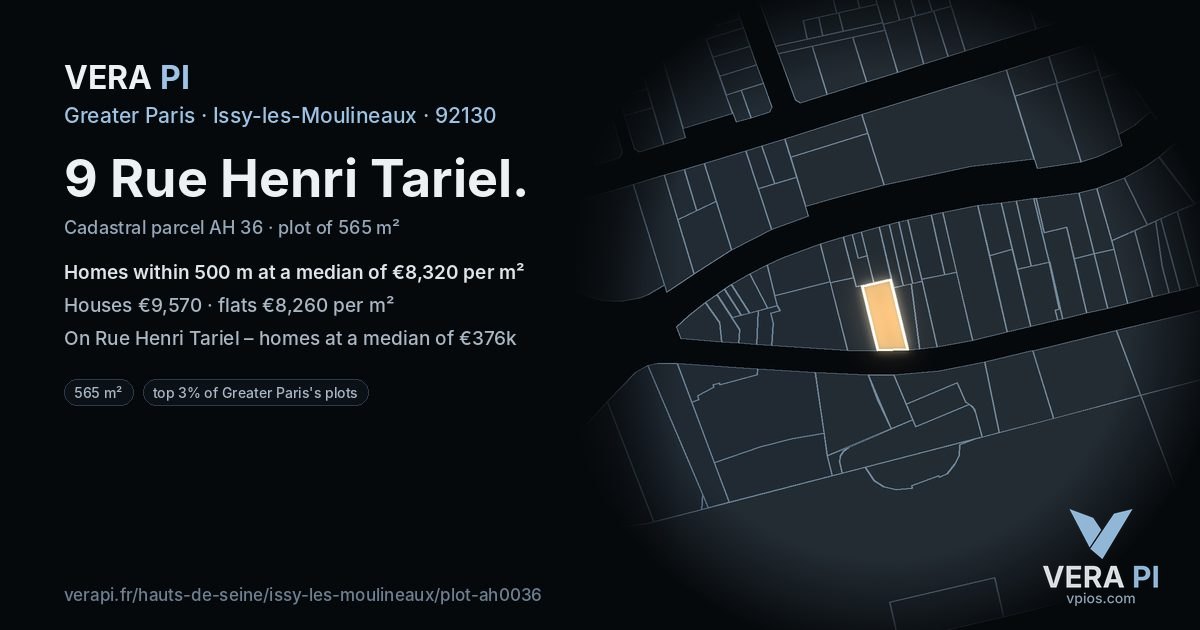 9 Rue Henri Tariel, Issy-les-Moulineaux at night – the plot lit, the parcels around coloured by the prices near them