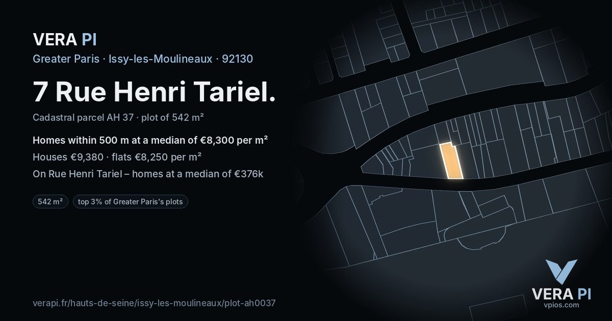 7 Rue Henri Tariel, Issy-les-Moulineaux at night – the plot lit, the parcels around coloured by the prices near them