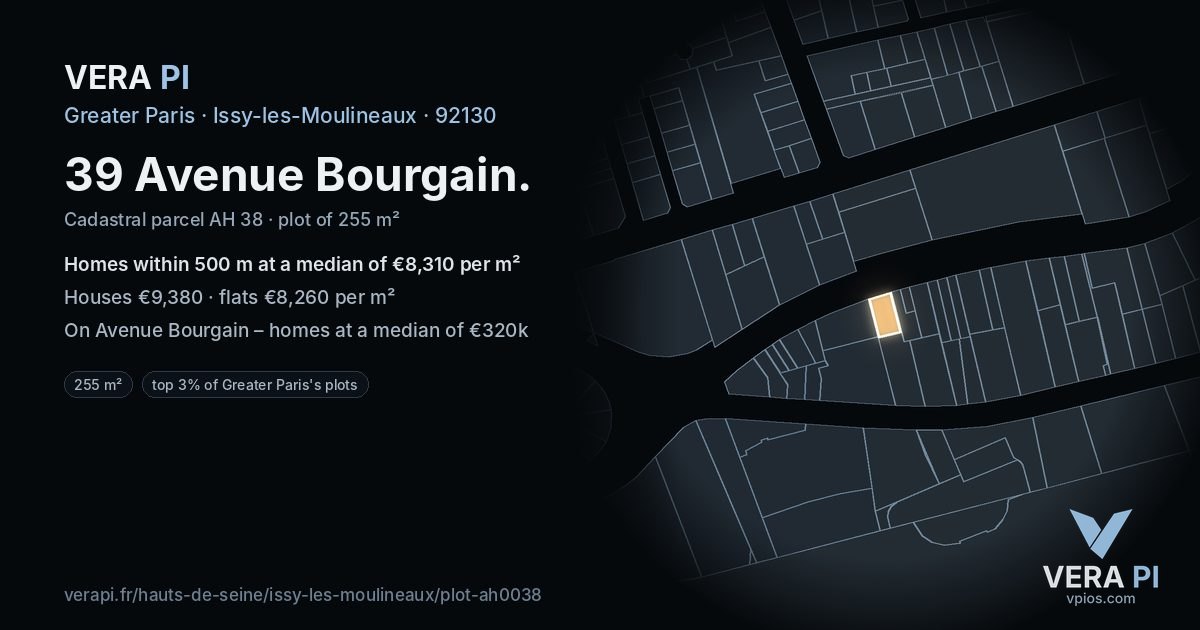 39 Avenue Bourgain, Issy-les-Moulineaux at night – the plot lit, the parcels around coloured by the prices near them