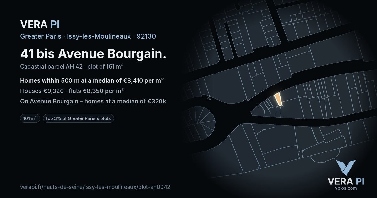 41 bis Avenue Bourgain, Issy-les-Moulineaux at night – the plot lit, the parcels around coloured by the prices near them