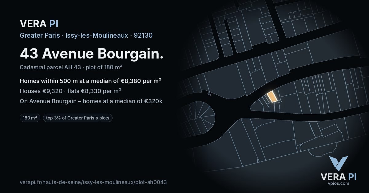 43 Avenue Bourgain, Issy-les-Moulineaux at night – the plot lit, the parcels around coloured by the prices near them