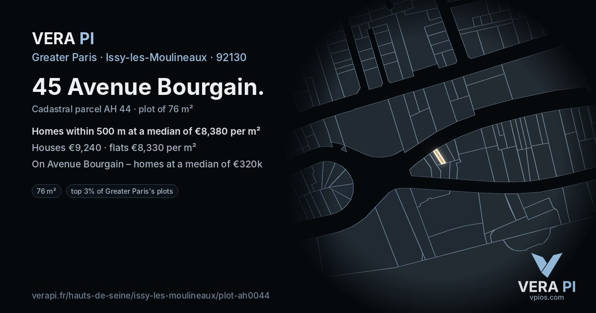 45 Avenue Bourgain, Issy-les-Moulineaux at night – the plot lit, the parcels around coloured by the prices near them