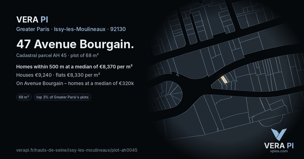 47 Avenue Bourgain, Issy-les-Moulineaux at night – the plot lit, the parcels around coloured by the prices near them