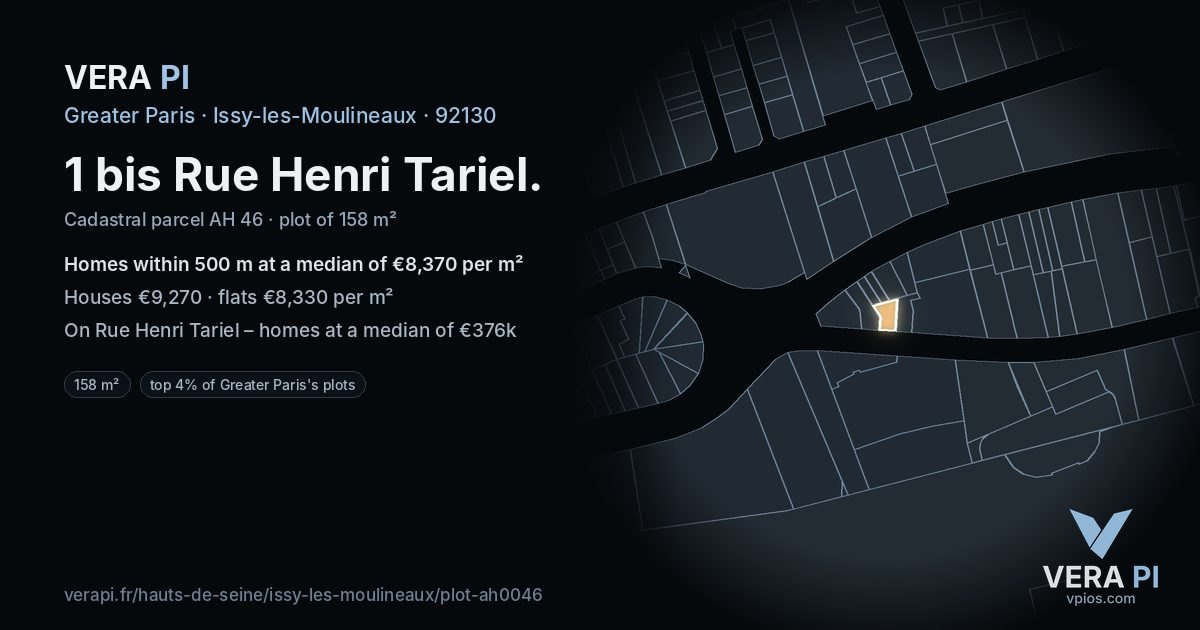 1 bis Rue Henri Tariel, Issy-les-Moulineaux at night – the plot lit, the parcels around coloured by the prices near them