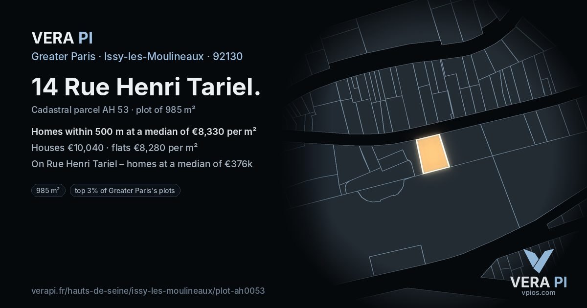 14 Rue Henri Tariel, Issy-les-Moulineaux at night – the plot lit, the parcels around coloured by the prices near them
