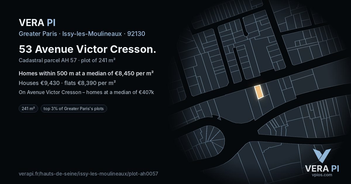 53 Avenue Victor Cresson, Issy-les-Moulineaux at night – the plot lit, the parcels around coloured by the prices near them