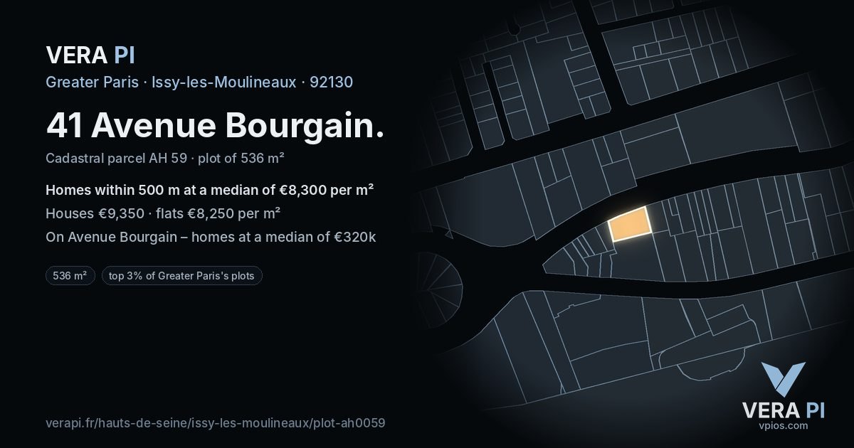 41 Avenue Bourgain, Issy-les-Moulineaux at night – the plot lit, the parcels around coloured by the prices near them