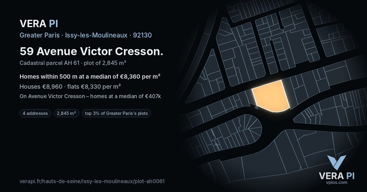 59 Avenue Victor Cresson, Issy-les-Moulineaux at night – the plot lit, the parcels around coloured by the prices near them