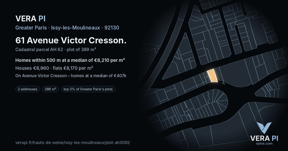 61 Avenue Victor Cresson, Issy-les-Moulineaux at night – the plot lit, the parcels around coloured by the prices near them