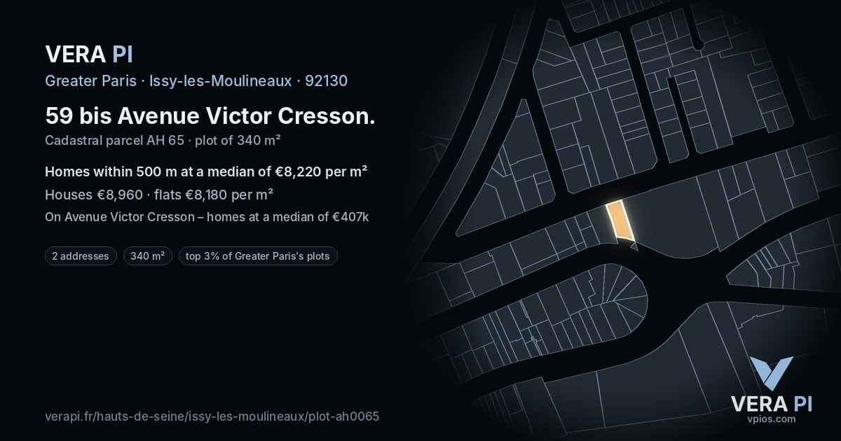 59 bis Avenue Victor Cresson, Issy-les-Moulineaux at night – the plot lit, the parcels around coloured by the prices near them