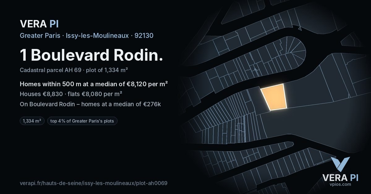 1 Boulevard Rodin, Issy-les-Moulineaux at night – the plot lit, the parcels around coloured by the prices near them