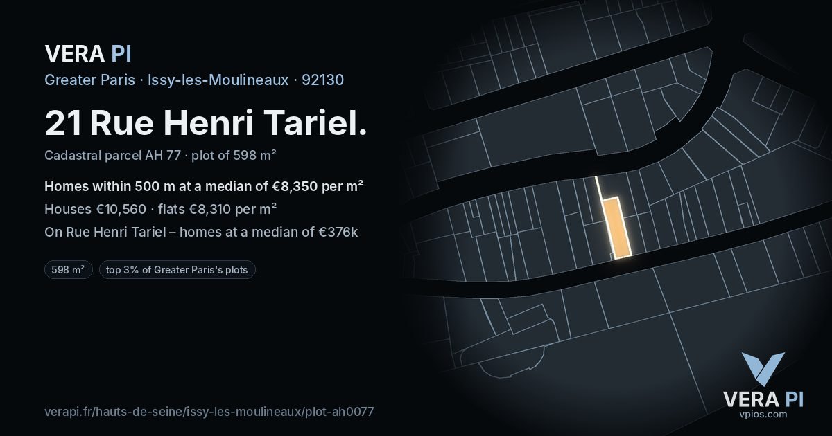 21 Rue Henri Tariel, Issy-les-Moulineaux at night – the plot lit, the parcels around coloured by the prices near them