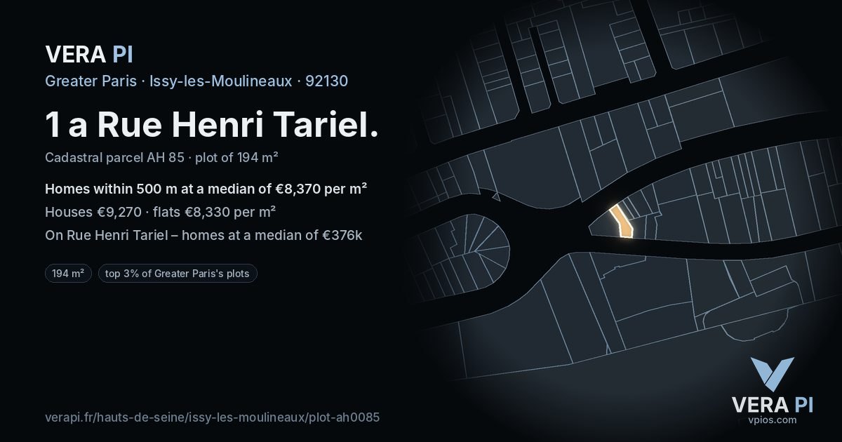 1 a Rue Henri Tariel, Issy-les-Moulineaux at night – the plot lit, the parcels around coloured by the prices near them