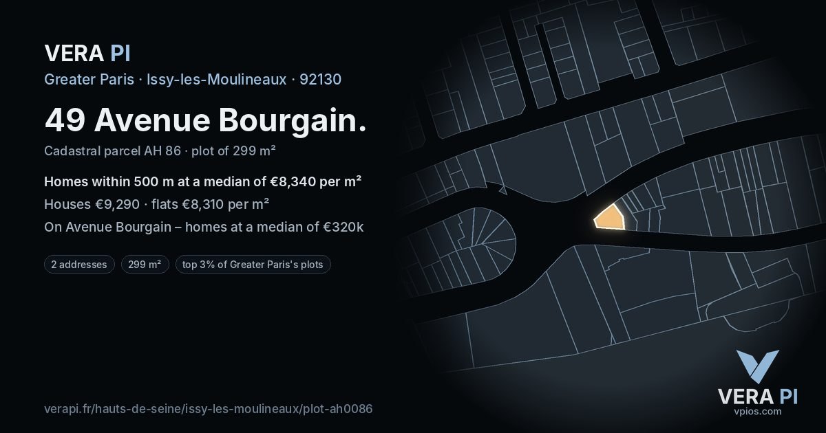49 Avenue Bourgain, Issy-les-Moulineaux at night – the plot lit, the parcels around coloured by the prices near them