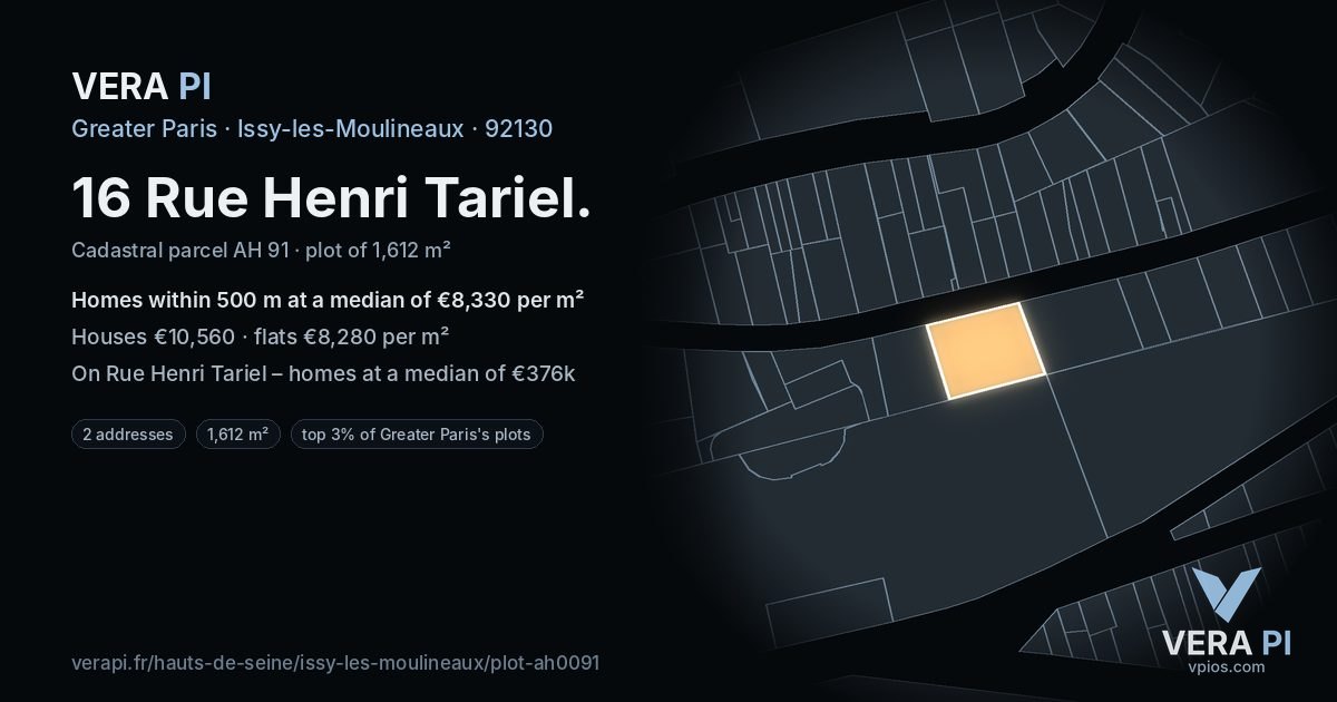 16 Rue Henri Tariel, Issy-les-Moulineaux at night – the plot lit, the parcels around coloured by the prices near them