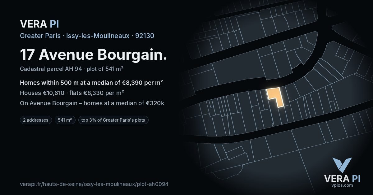 17 Avenue Bourgain, Issy-les-Moulineaux at night – the plot lit, the parcels around coloured by the prices near them