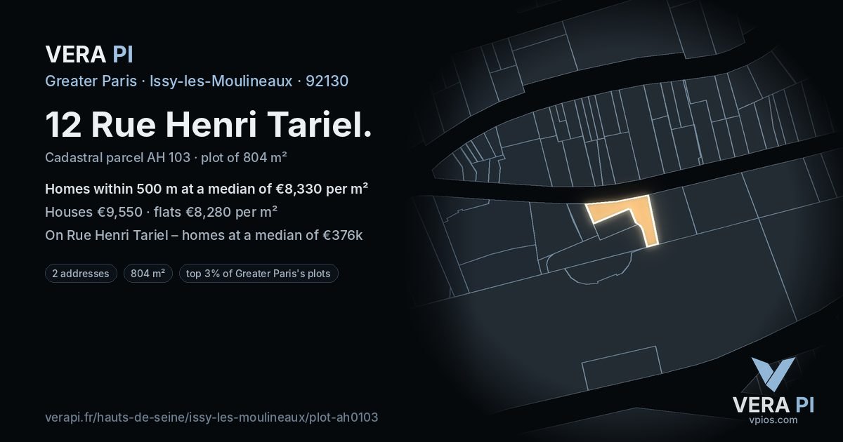 12 Rue Henri Tariel, Issy-les-Moulineaux at night – the plot lit, the parcels around coloured by the prices near them
