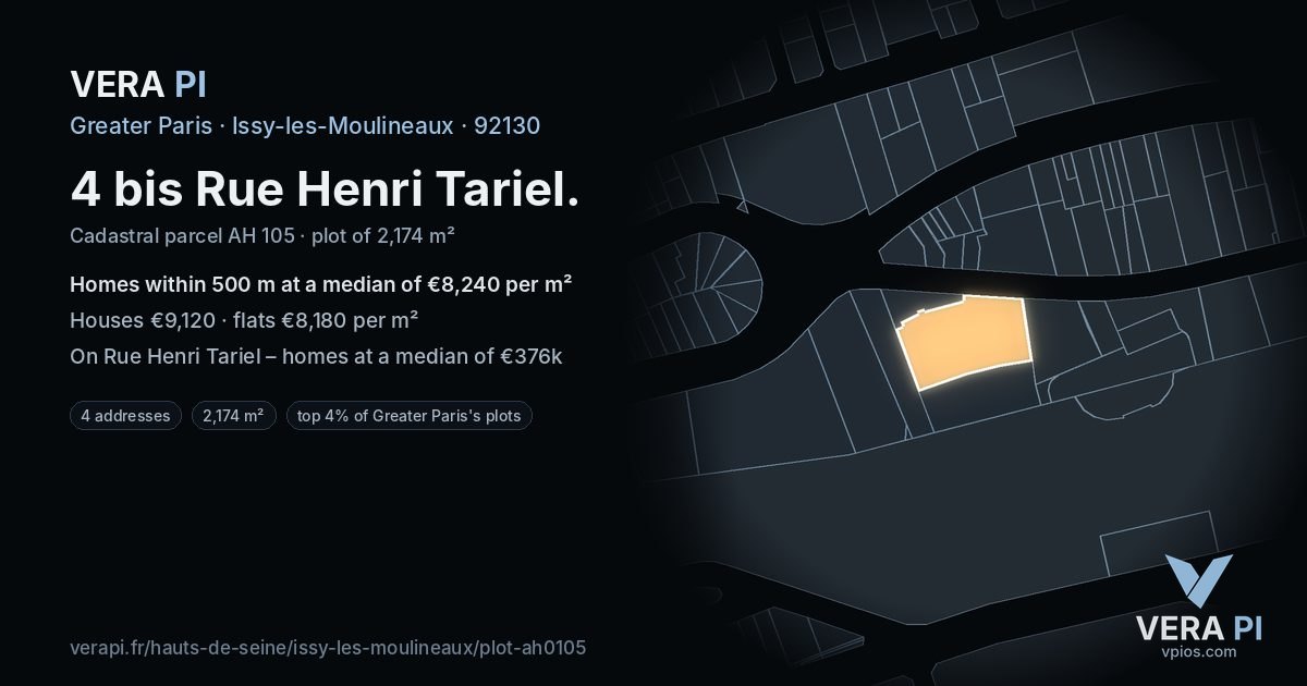 4 bis Rue Henri Tariel, Issy-les-Moulineaux at night – the plot lit, the parcels around coloured by the prices near them
