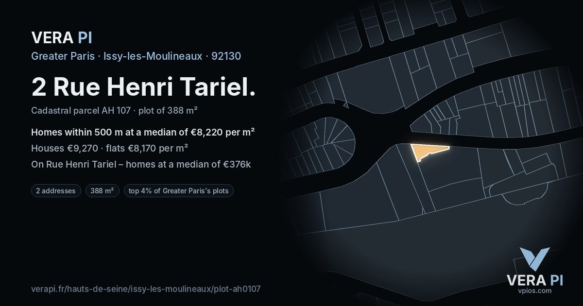 2 Rue Henri Tariel, Issy-les-Moulineaux at night – the plot lit, the parcels around coloured by the prices near them