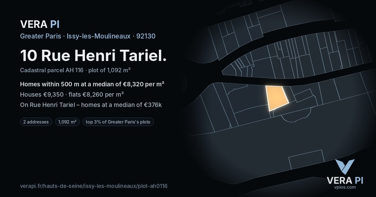 10 Rue Henri Tariel, Issy-les-Moulineaux at night – the plot lit, the parcels around coloured by the prices near them