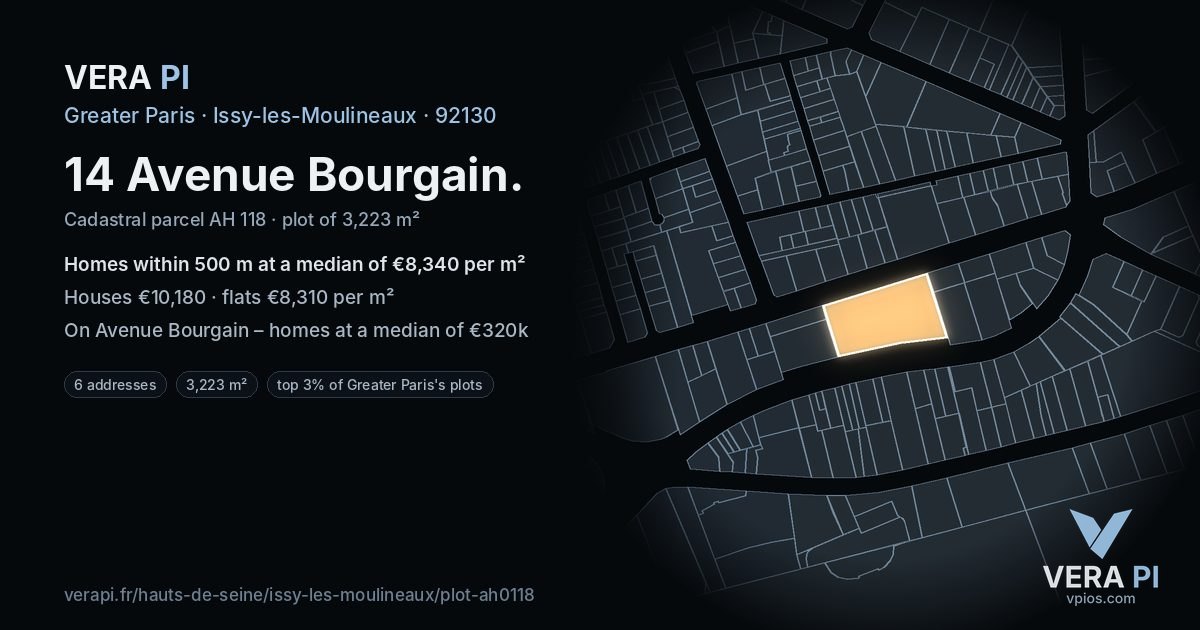 14 Avenue Bourgain, Issy-les-Moulineaux at night – the plot lit, the parcels around coloured by the prices near them