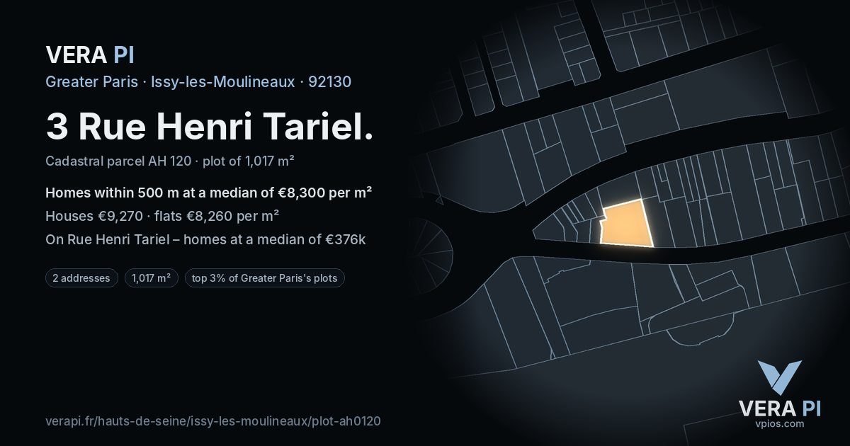 3 Rue Henri Tariel, Issy-les-Moulineaux at night – the plot lit, the parcels around coloured by the prices near them
