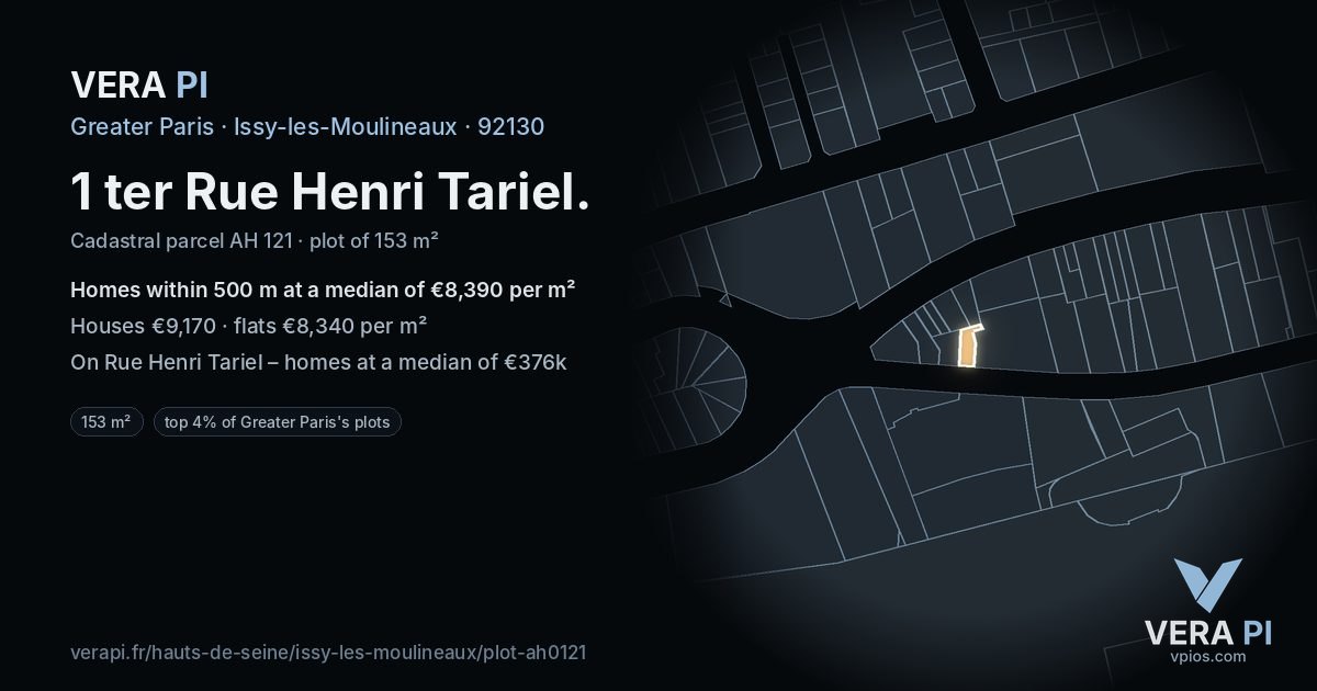 1 ter Rue Henri Tariel, Issy-les-Moulineaux at night – the plot lit, the parcels around coloured by the prices near them