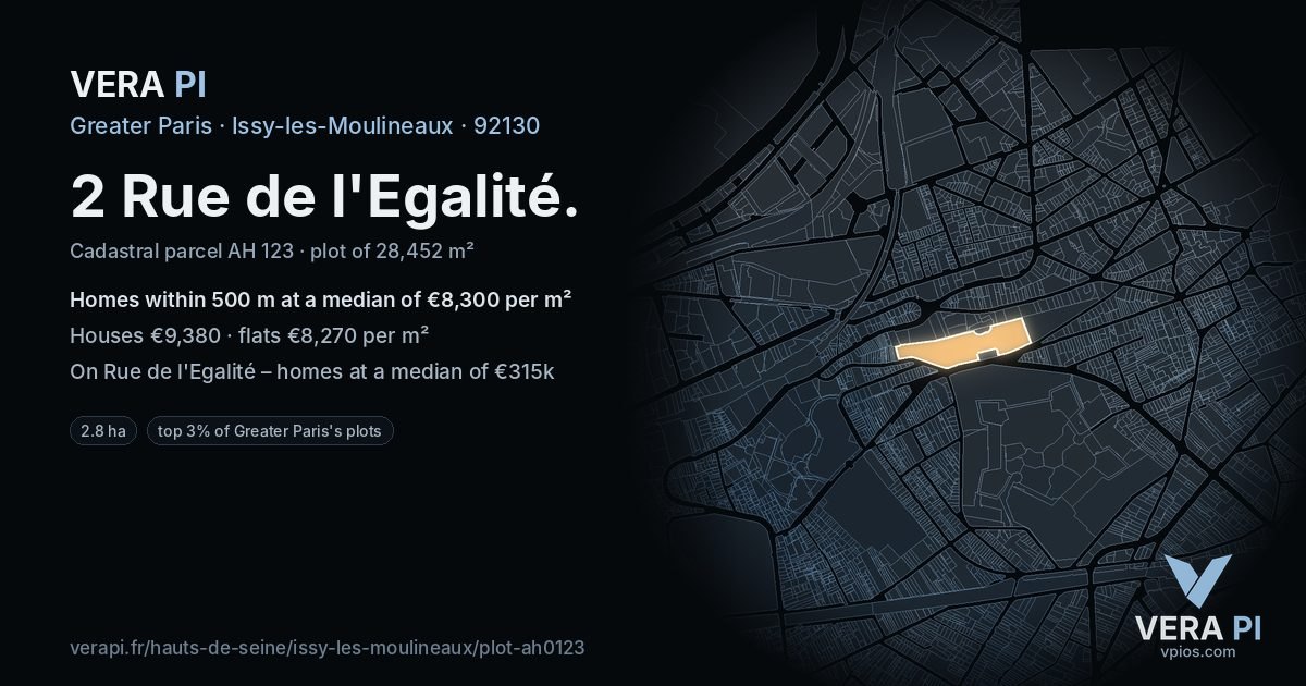 2 Rue de l'Egalité, Issy-les-Moulineaux at night – the plot lit, the parcels around coloured by the prices near them