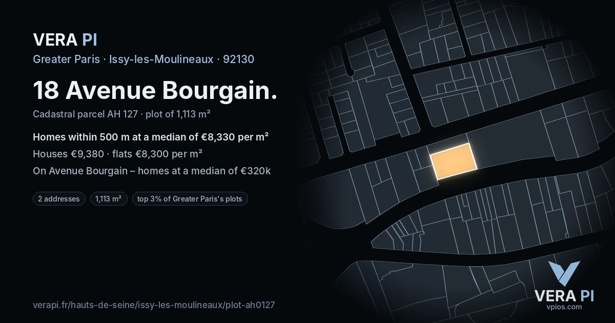 18 Avenue Bourgain, Issy-les-Moulineaux at night – the plot lit, the parcels around coloured by the prices near them