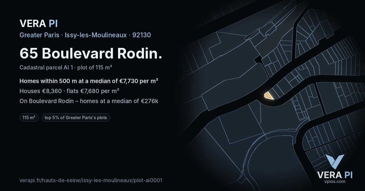 65 Boulevard Rodin, Issy-les-Moulineaux at night – the plot lit, the parcels around coloured by the prices near them