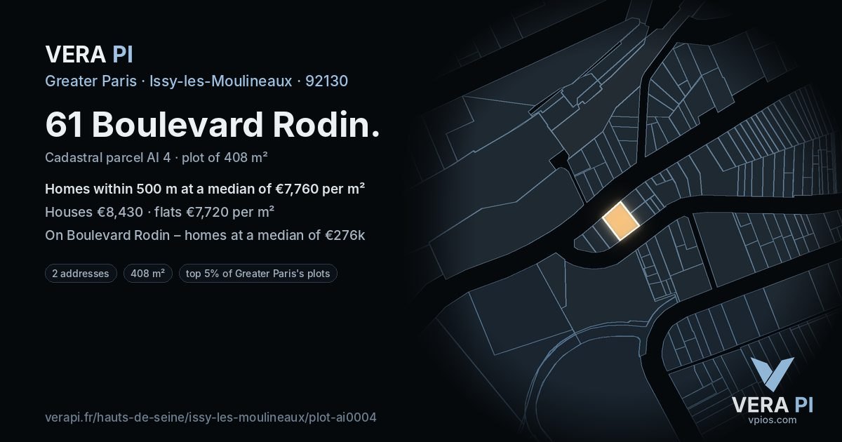 61 Boulevard Rodin, Issy-les-Moulineaux at night – the plot lit, the parcels around coloured by the prices near them