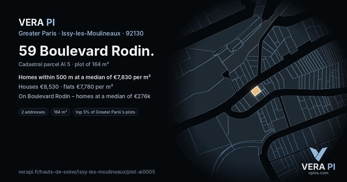 59 Boulevard Rodin, Issy-les-Moulineaux at night – the plot lit, the parcels around coloured by the prices near them