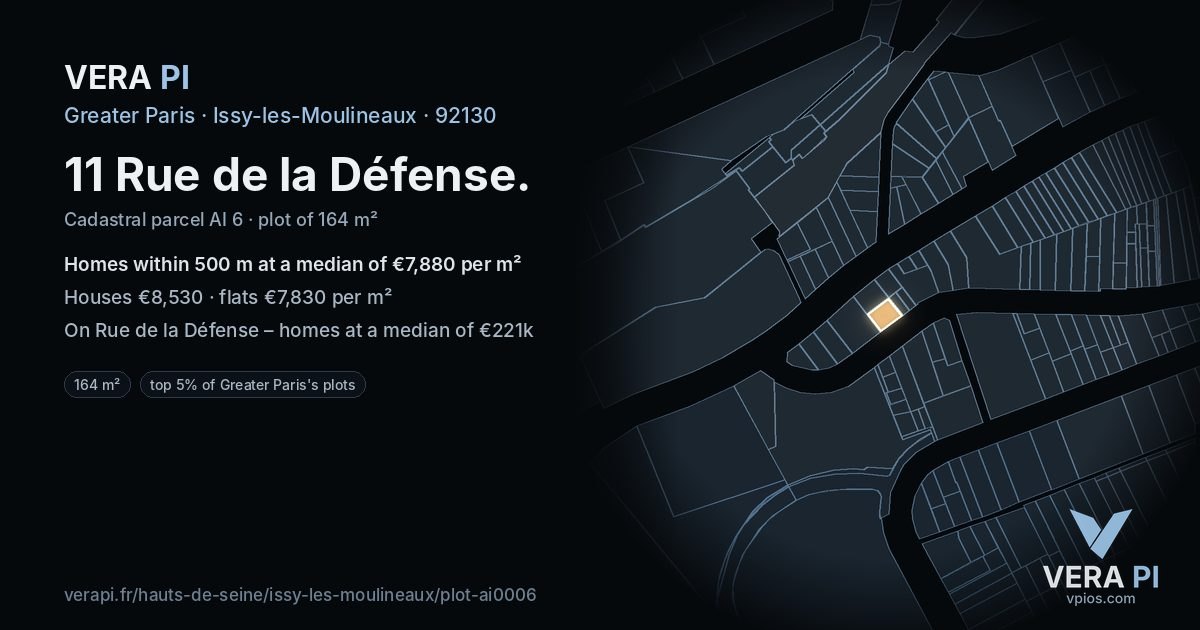 11 Rue de la Défense, Issy-les-Moulineaux at night – the plot lit, the parcels around coloured by the prices near them