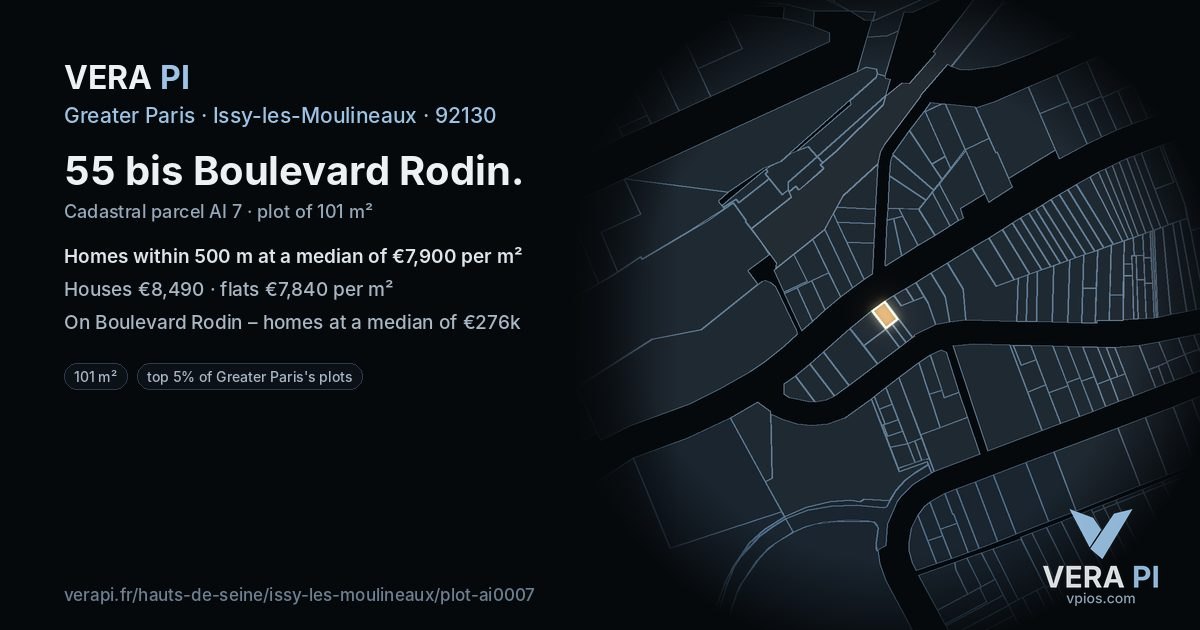 55 bis Boulevard Rodin, Issy-les-Moulineaux at night – the plot lit, the parcels around coloured by the prices near them
