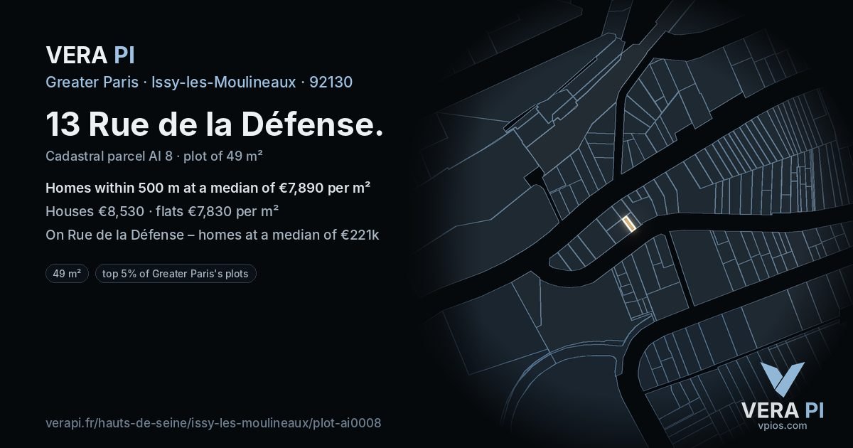13 Rue de la Défense, Issy-les-Moulineaux at night – the plot lit, the parcels around coloured by the prices near them