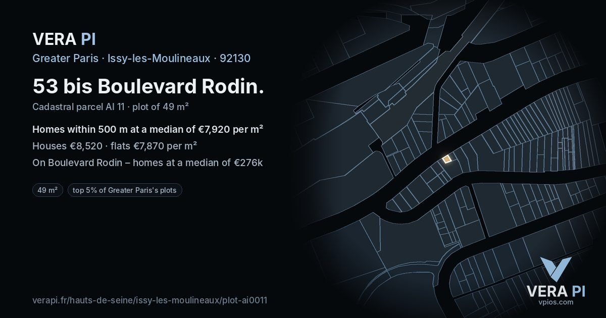53 bis Boulevard Rodin, Issy-les-Moulineaux at night – the plot lit, the parcels around coloured by the prices near them